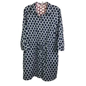 Lands End Dress Womens Size Medium 10-12 Navy Blue Tie‎ Waist Button Geometric